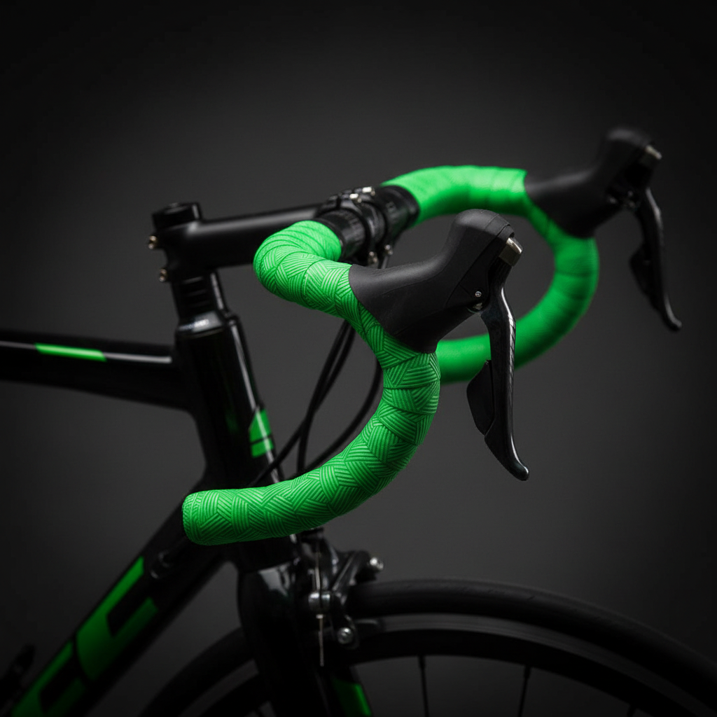 Close-up of a bicycle with green handlebars on a dark background