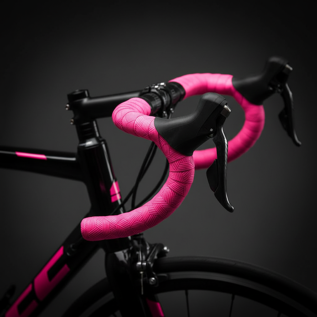 Close-up of a bicycle with pink handlebars on a dark background