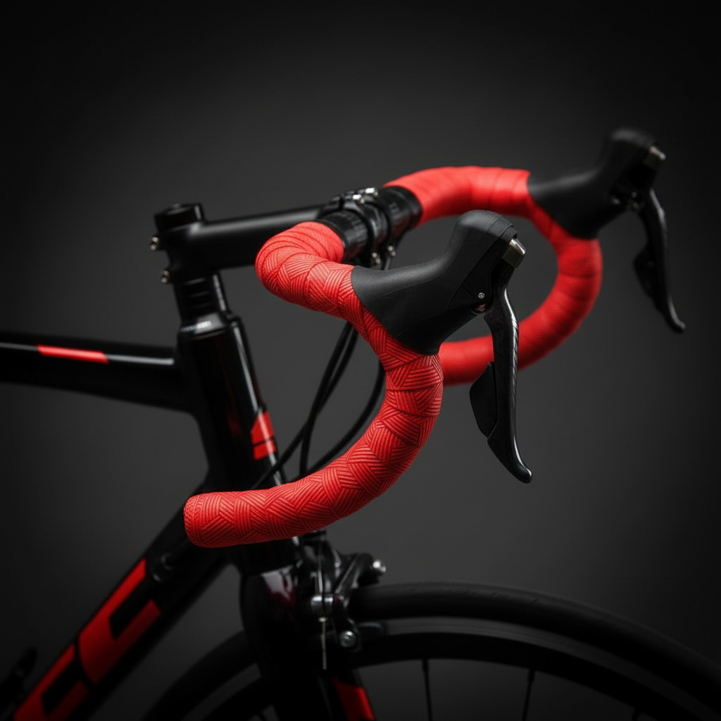 Close-up of a bicycle with red handlebars on a dark background