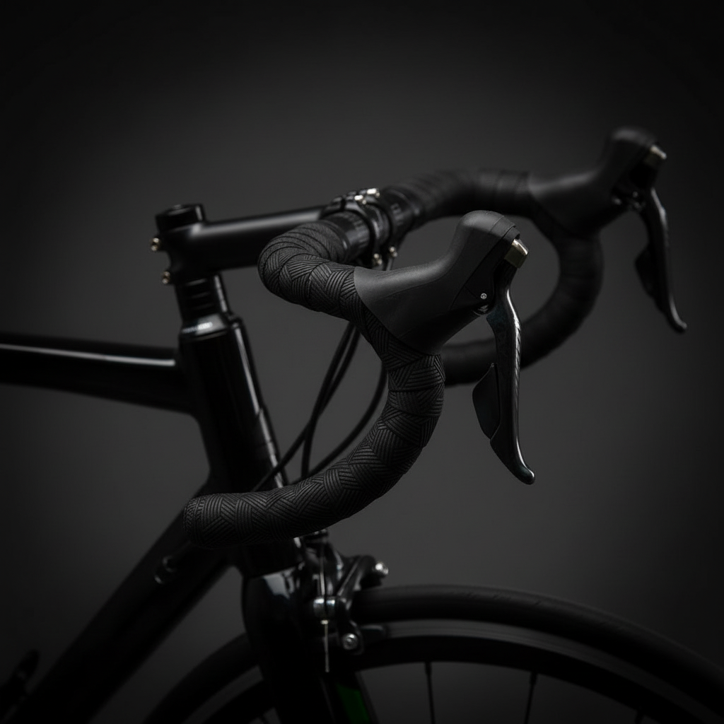 Close-up of a bicycle handlebar with a dark background