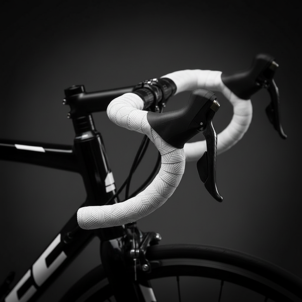 Close-up of a bicycle handlebar with white grips on a dark background