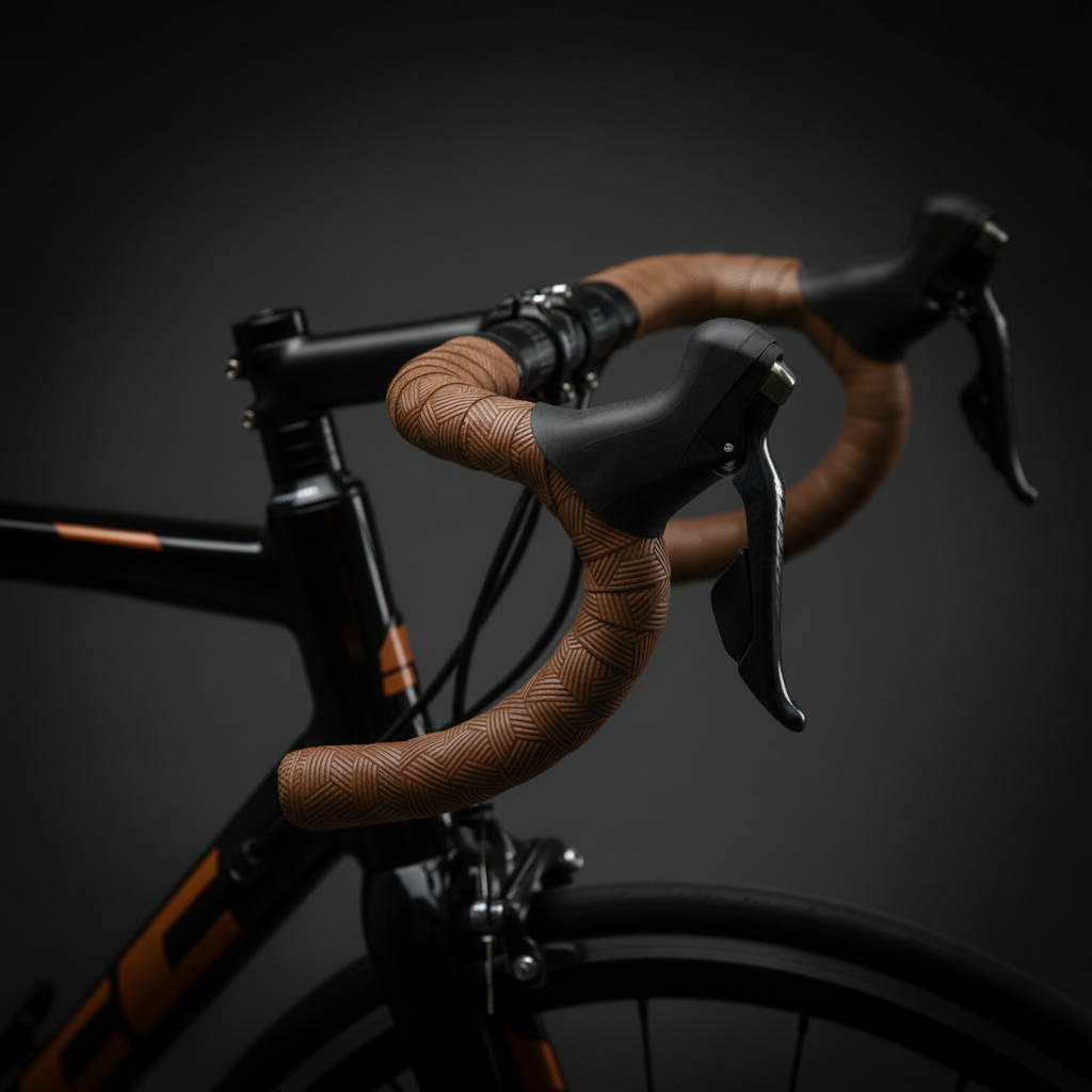 Close-up of a bicycle with brown handlebars on a dark background